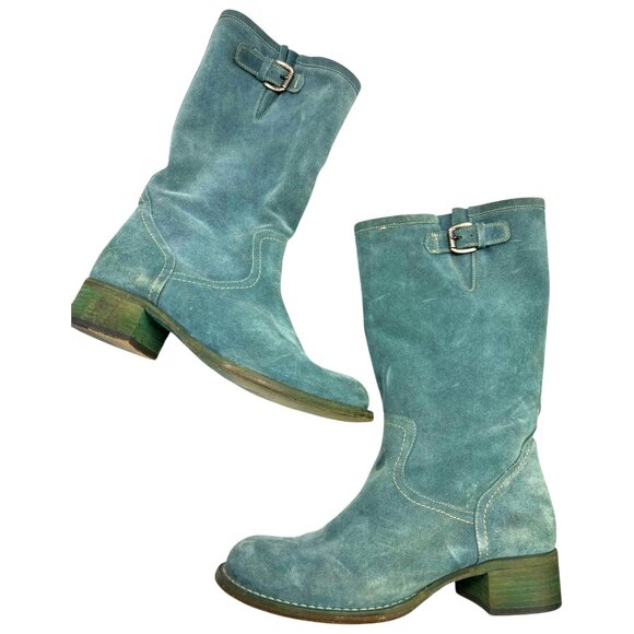 Strategia Teal Suede Mid Calf Biker Boots Made in italy - Picture 12 of 13